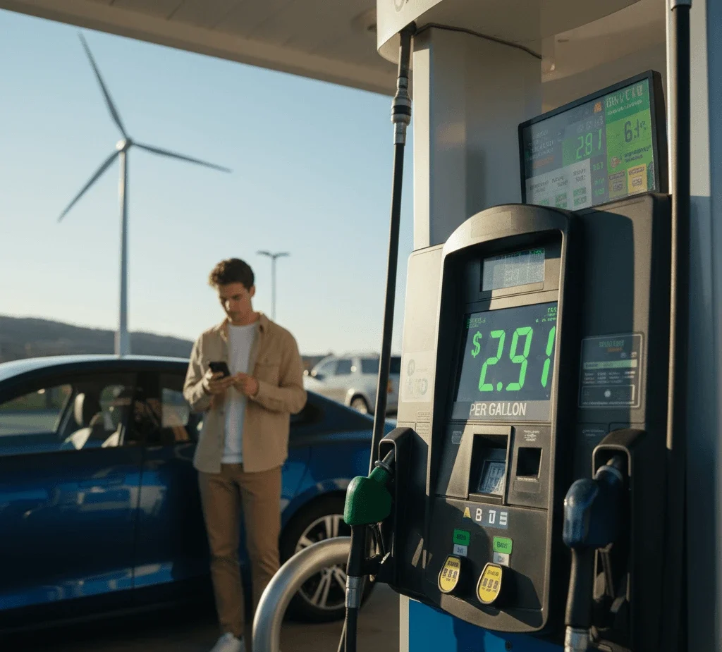 Driver at a digital gas pump showing gas prices below three dollars in early 2026