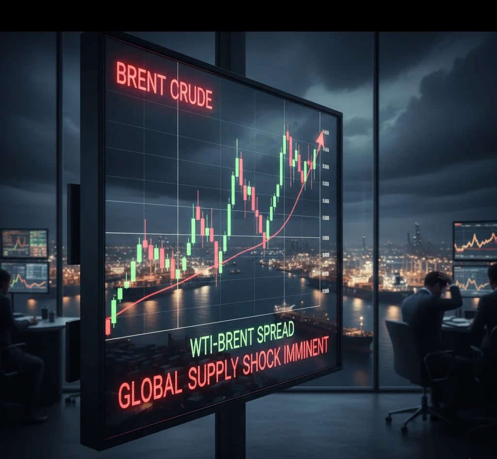Real-time energy market stock ticker showing Brent Crude price spike during Strait of Hormuz tensions February 2026.