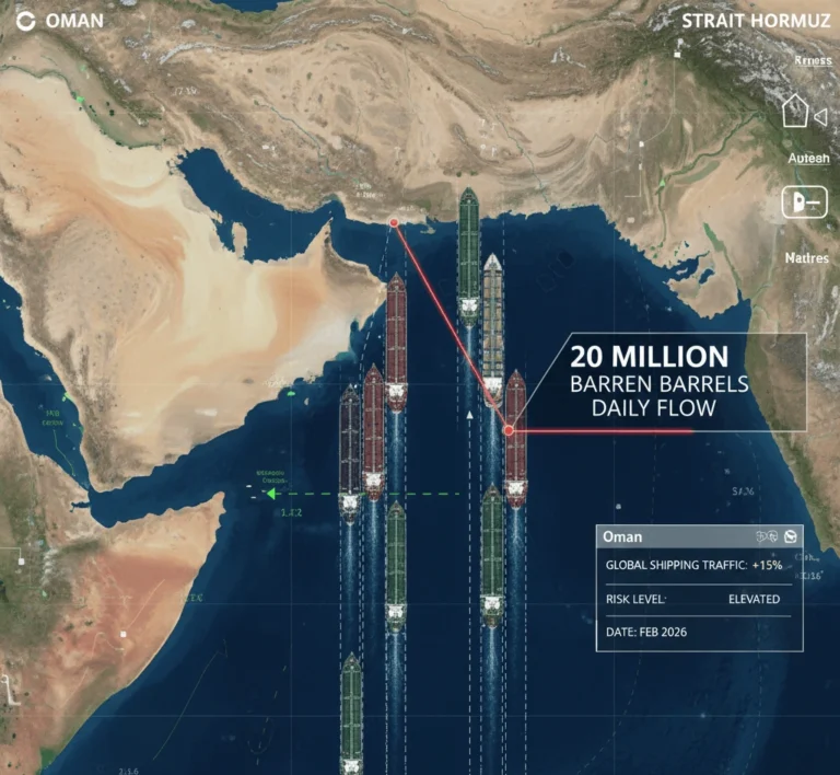 Tactical map of the Strait of Hormuz showing narrow 2-mile shipping lanes and 2026 oil tanker traffic density.