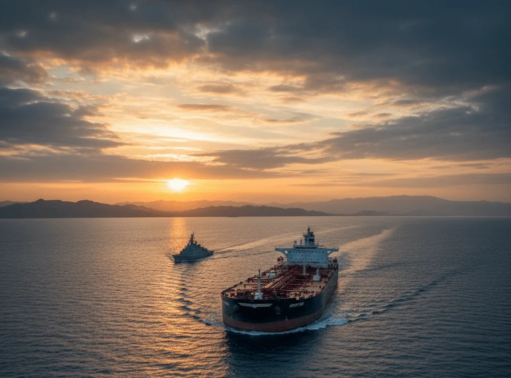 A VLCC (Very Large Crude Carrier) navigating the Strait of Hormuz at dawn representing the 20 million barrels daily flow.