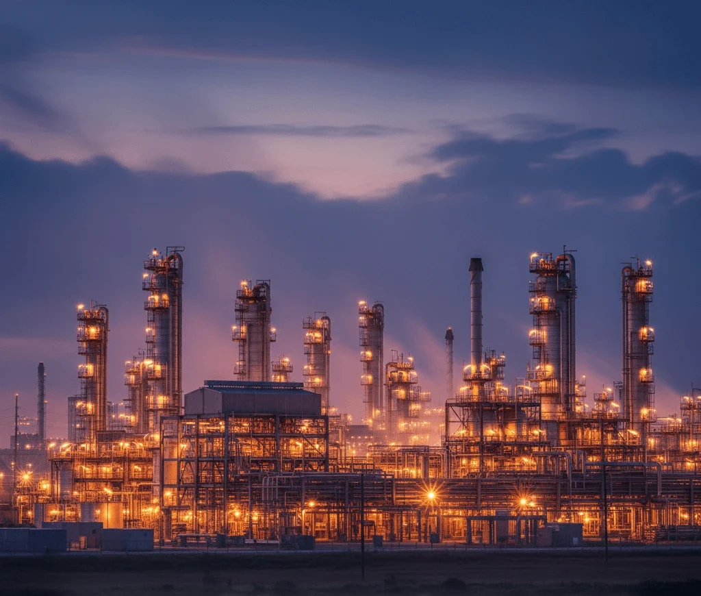High-tech US Gulf Coast oil refinery at sunset symbolizing 2026 energy independence