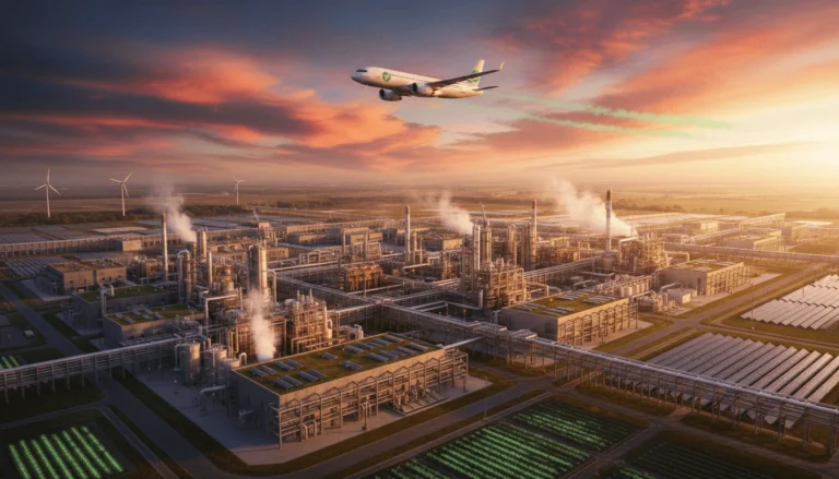 Sustainable aviation fuel refinery at golden hour with commercial aircraft flying overhead, representing SAF production scale-up challenges in 2026