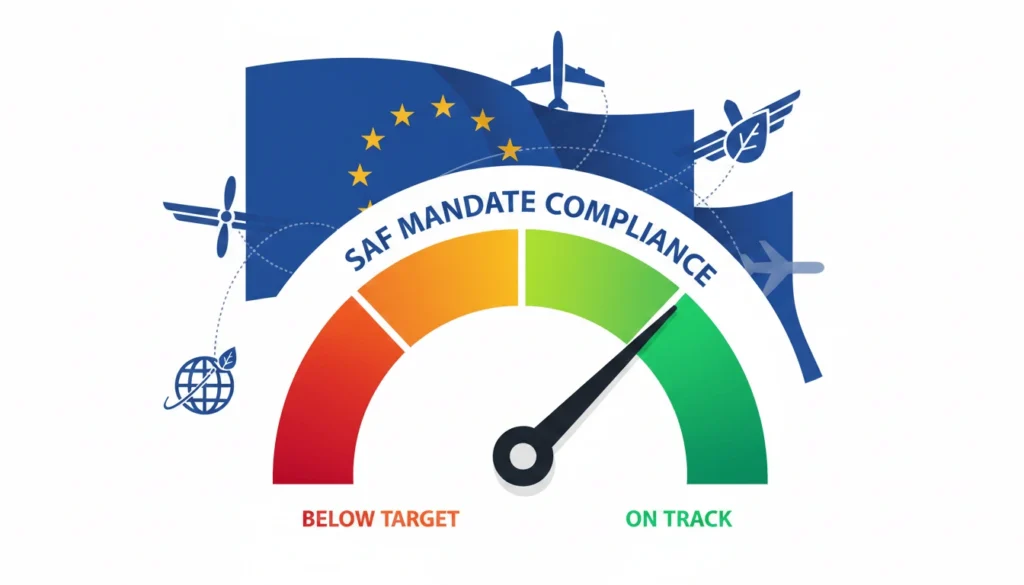 Compliance gauge dial hovering between red and green zones symbolizing EU ReFuelEU aviation SAF mandate enforcement in 2026