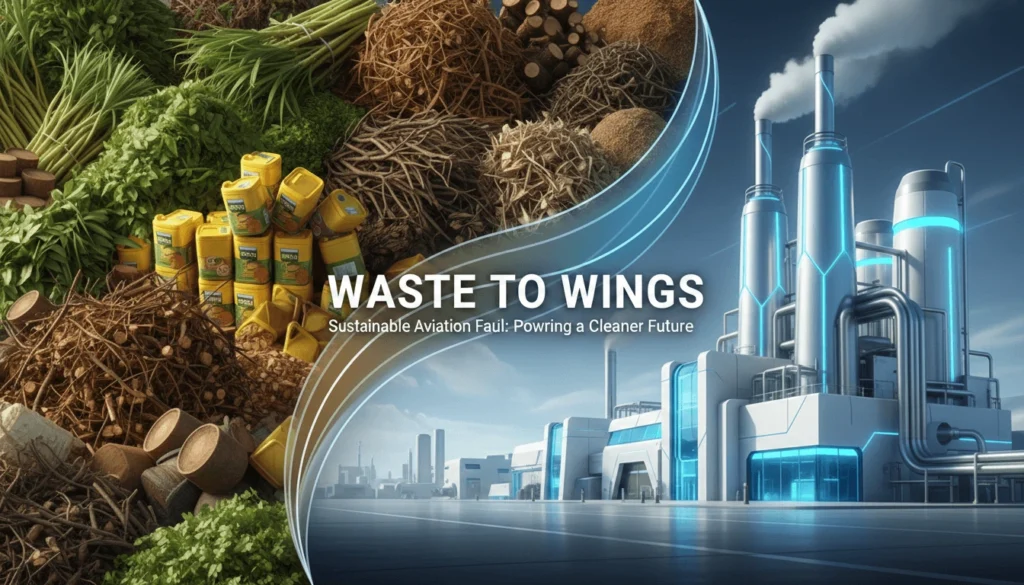 Split-screen showing agricultural waste and used cooking oil feedstocks on the left transitioning to a modern SAF biorefinery on the right, representing sustainable aviation fuel production pathways