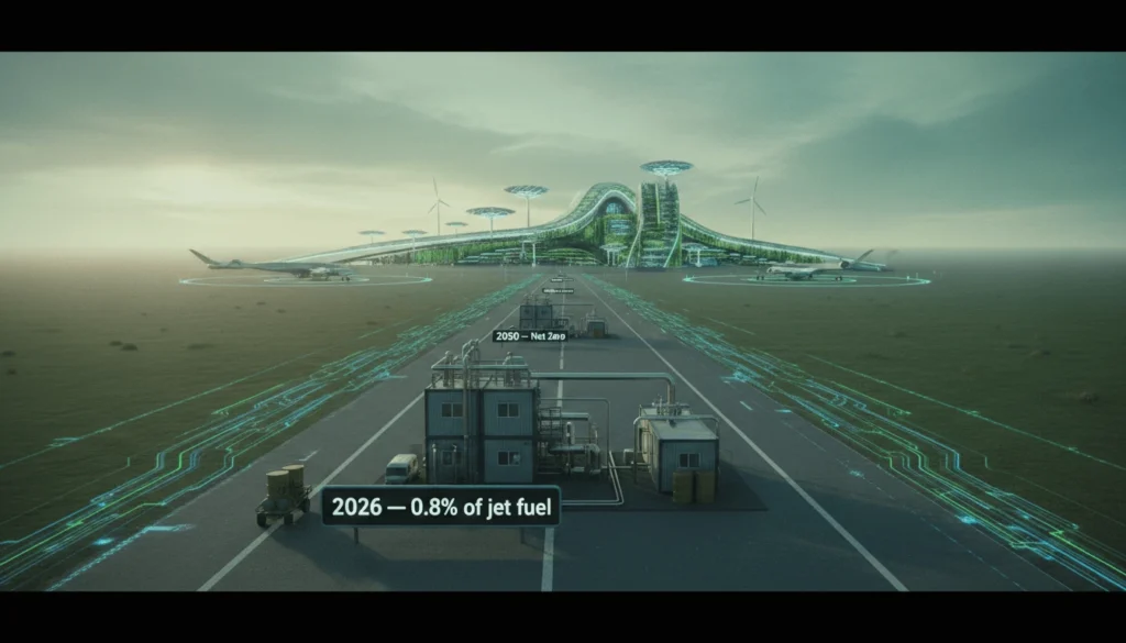 Timeline road stretching from a small SAF production facility labeled 2026 at 0.8 percent of jet fuel toward a futuristic net-zero aviation hub on the horizon by 2050