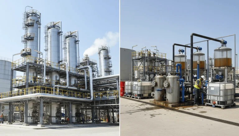 Renewable diesel hydrotreating refinery compared to biodiesel production plant showing industrial scale differences.