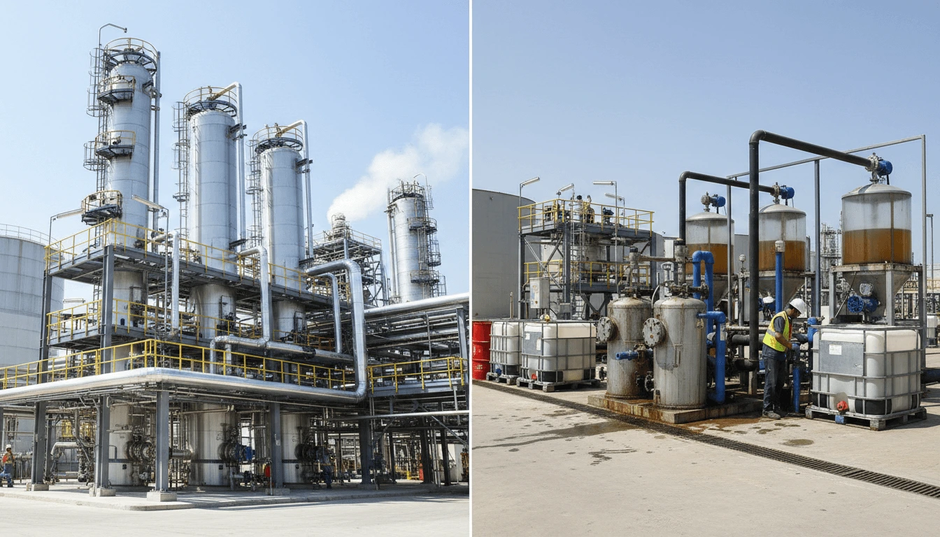 Renewable diesel hydrotreating refinery compared to biodiesel production plant showing industrial scale differences.