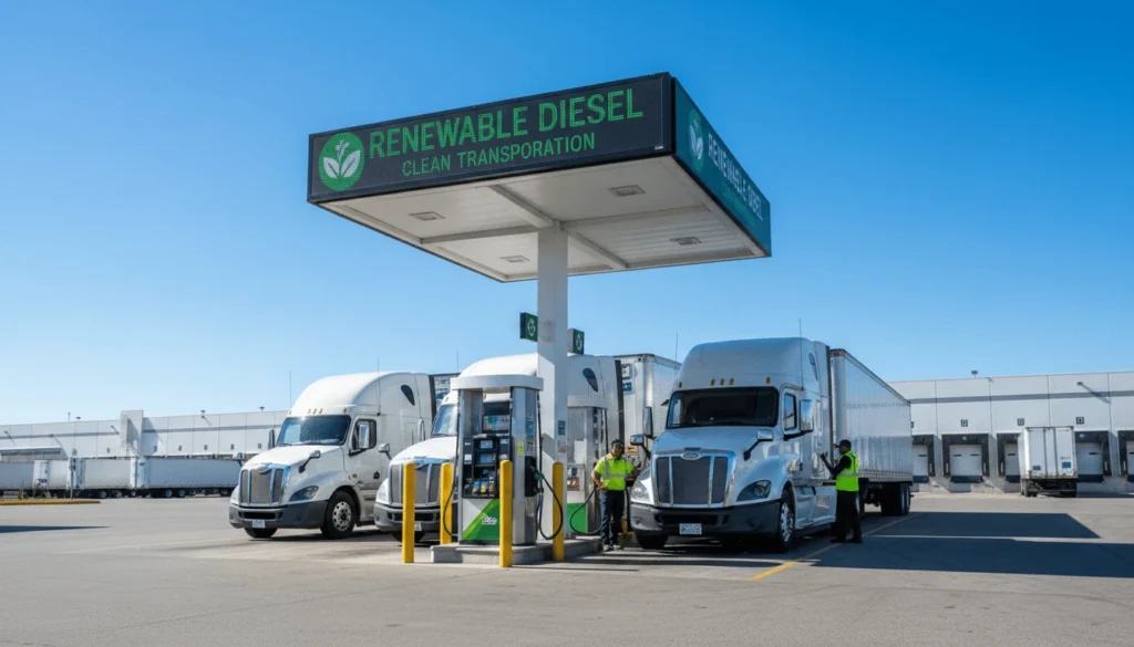 Heavy-duty trucks refueling with renewable diesel at commercial fuel station for low-carbon transport.