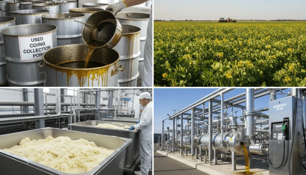 Sustainable feedstocks including used cooking oil and agricultural sources for renewable diesel production