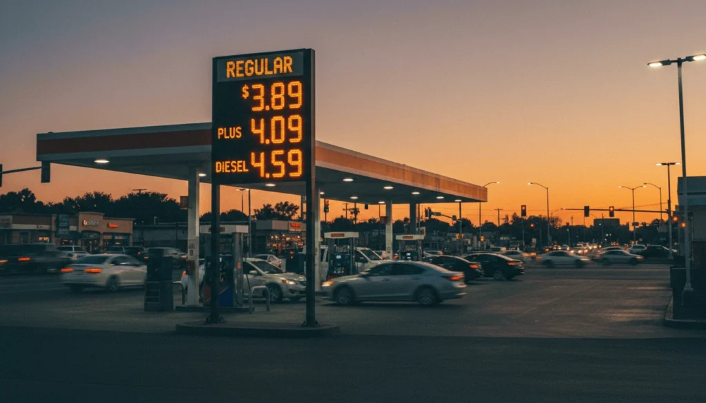 American gas station price sign showing gasoline above 3.50 per gallon in spring 2026 as Brent crude oil spike drives pump prices higher