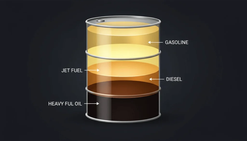 Cross-section of crude oil barrel showing different fuel fractions including gasoline jet fuel diesel and heating oil produced during refining