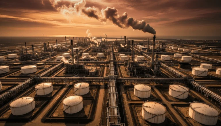 Aerial view of oil refinery at golden hour representing the complex global system that determines crude oil prices