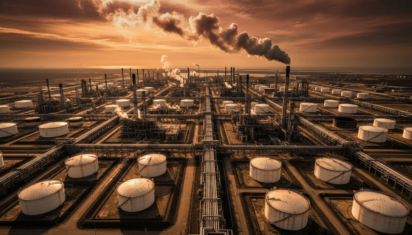 Aerial view of oil refinery at golden hour representing the complex global system that determines crude oil prices