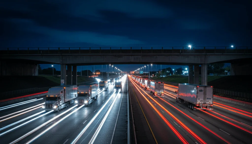 Highway full of diesel trucks at night representing the supply chain impact of rising diesel prices caused by crude oil spike and Strait of Hormuz disruption in 2026