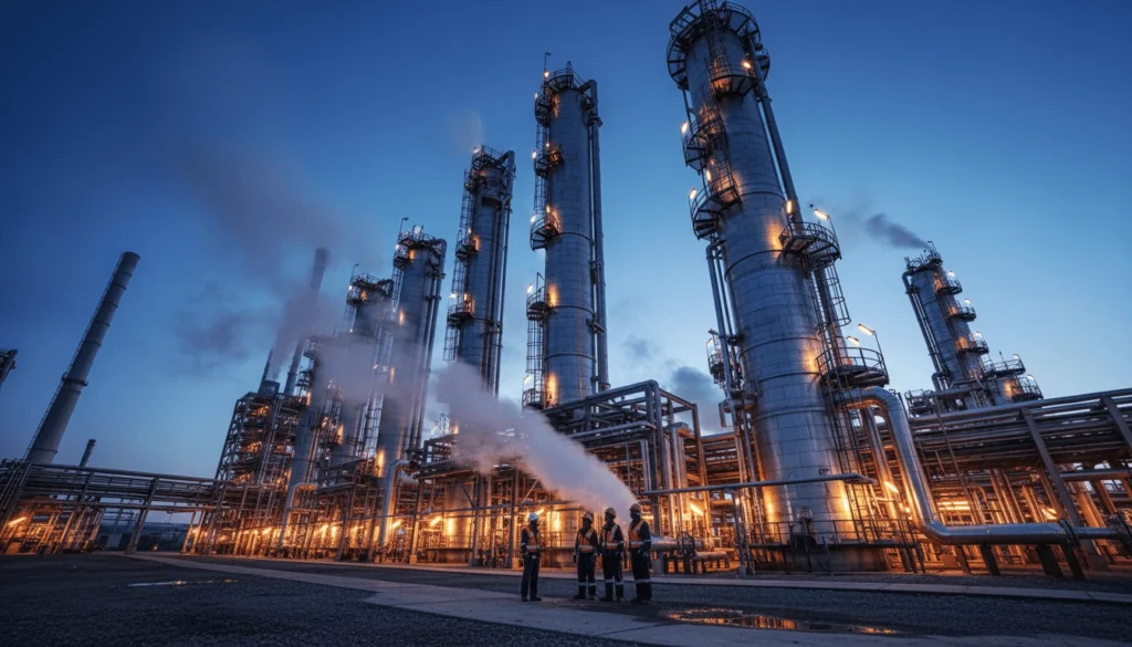 Towering distillation columns inside oil refinery where crude oil is separated into diesel jet fuel gasoline and heating oil through fractional distillation