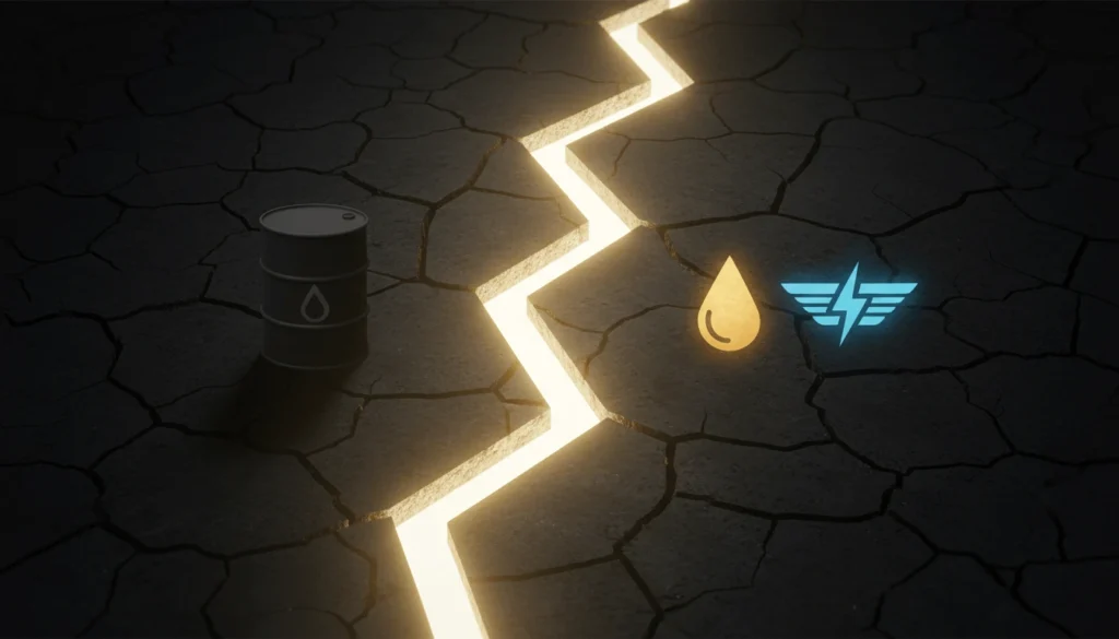 Abstract visualization of crack spread showing the price gap between crude oil barrel cost and refined diesel and jet fuel product prices