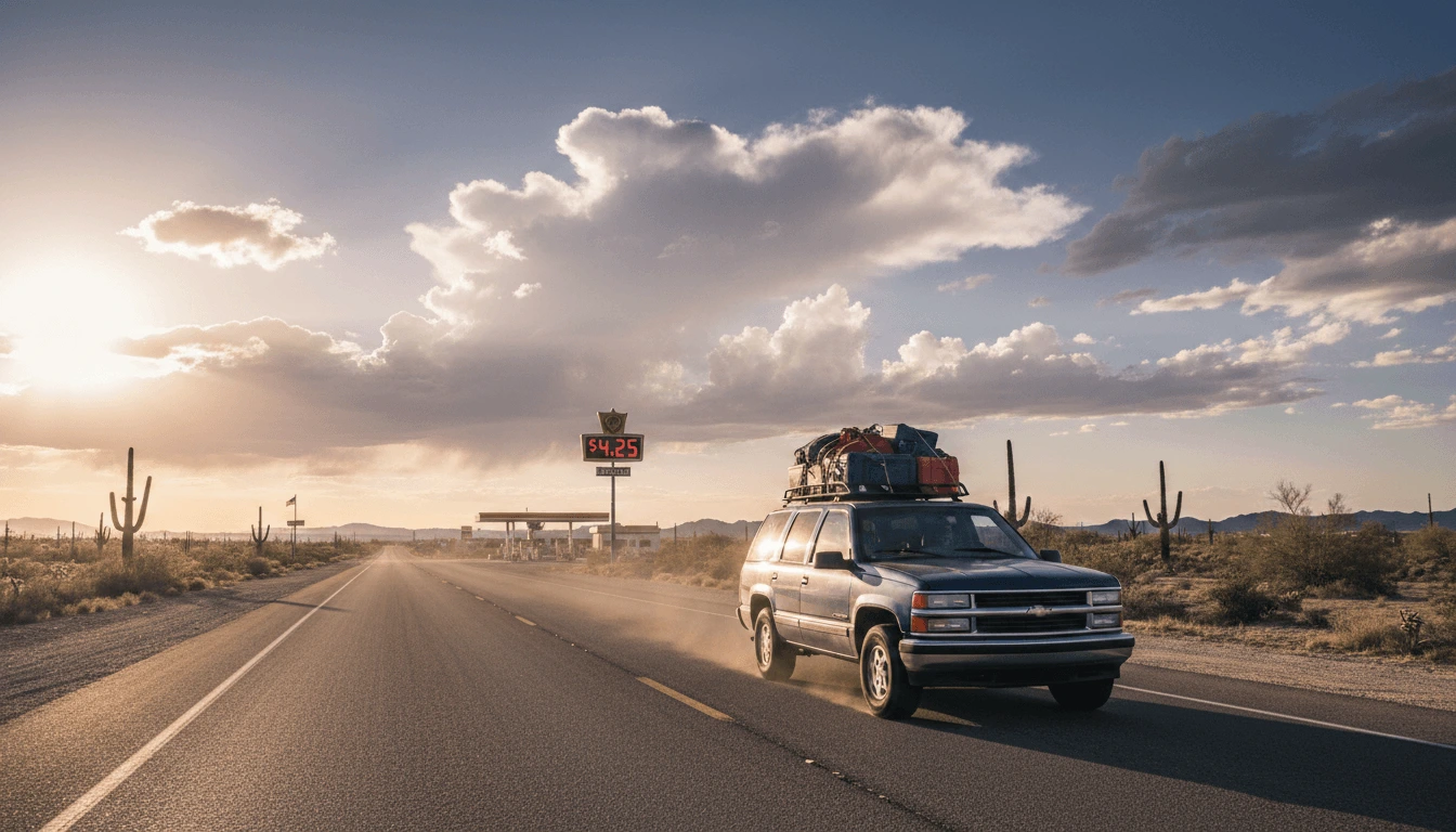 Family SUV driving on summer highway passing gas station with prices above 4 dollars per gallon during 2026 summer driving season fuel price spike