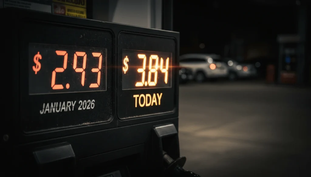 Two gas pump displays comparing gasoline price at 2.93 dollars in January 2026 versus 3.84 dollars today showing the dramatic spring fuel price surge caused by Middle East crisis