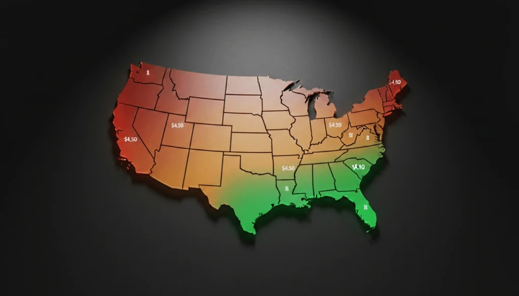 Heat map of United States showing regional gasoline price differences in summer 2026 with California and Northeast in red for highest prices and Gulf Coast in green for lowest prices