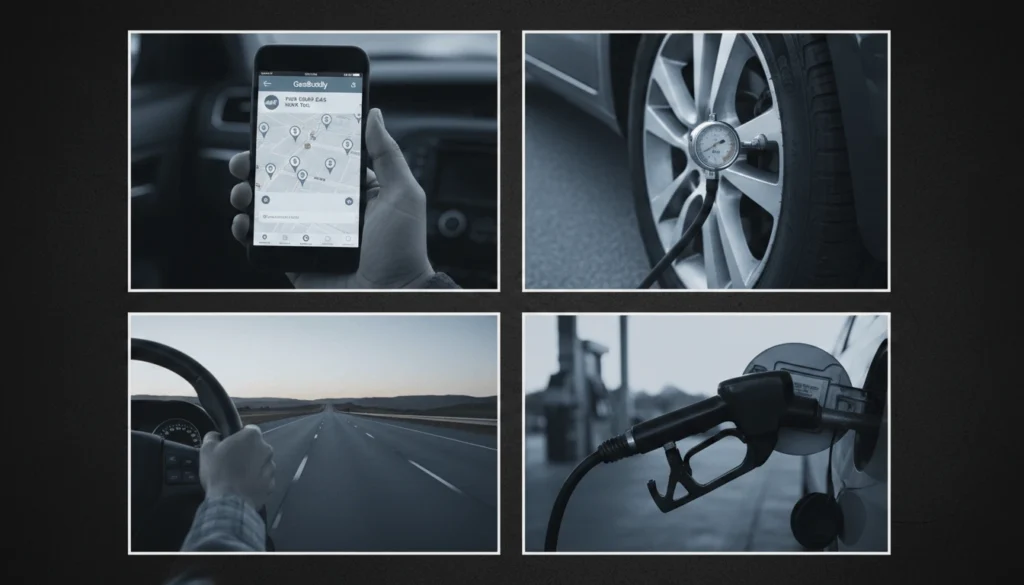Four panel image showing fuel saving strategies including using GasBuddy app checking tire pressure using cruise control and filling up on Monday morning to cut summer 2026 gas costs