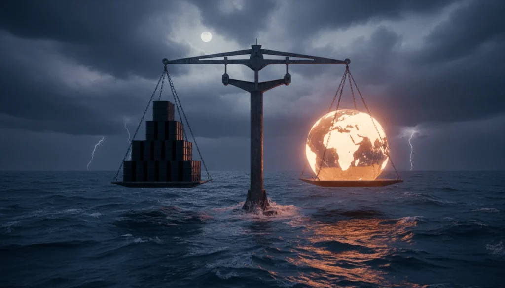 Industrial scales balancing oil barrels against global demand illustrating the supply and demand forces that drive oil prices