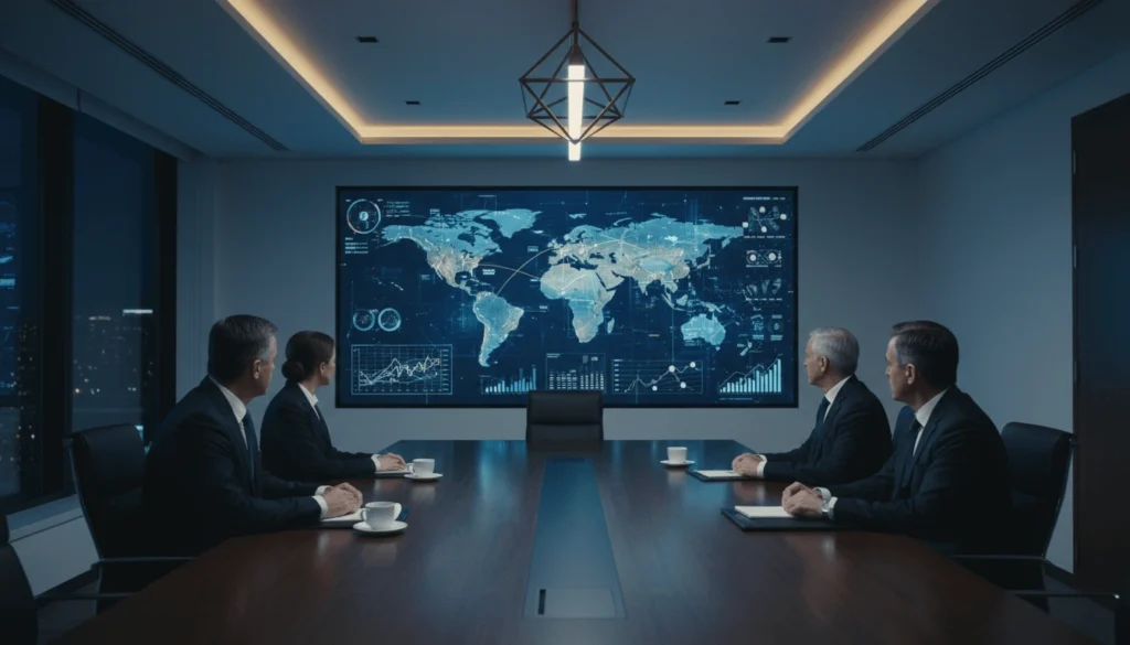 OPEC ministers meeting around conference table with world oil production map deciding crude oil output quotas and prices
