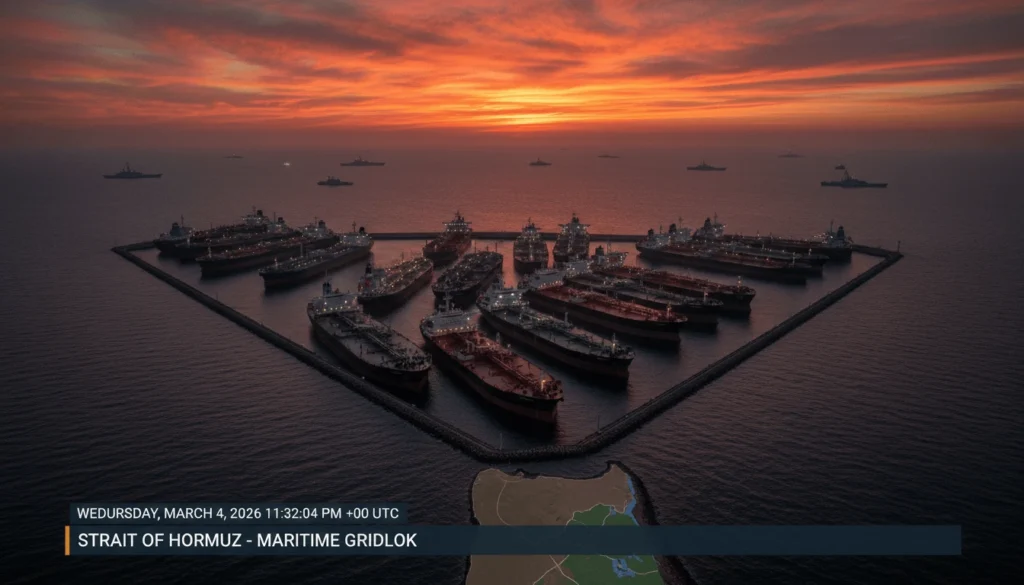 Oil tankers blocked at the Strait of Hormuz during the 2026 Middle East crisis causing global oil price surge