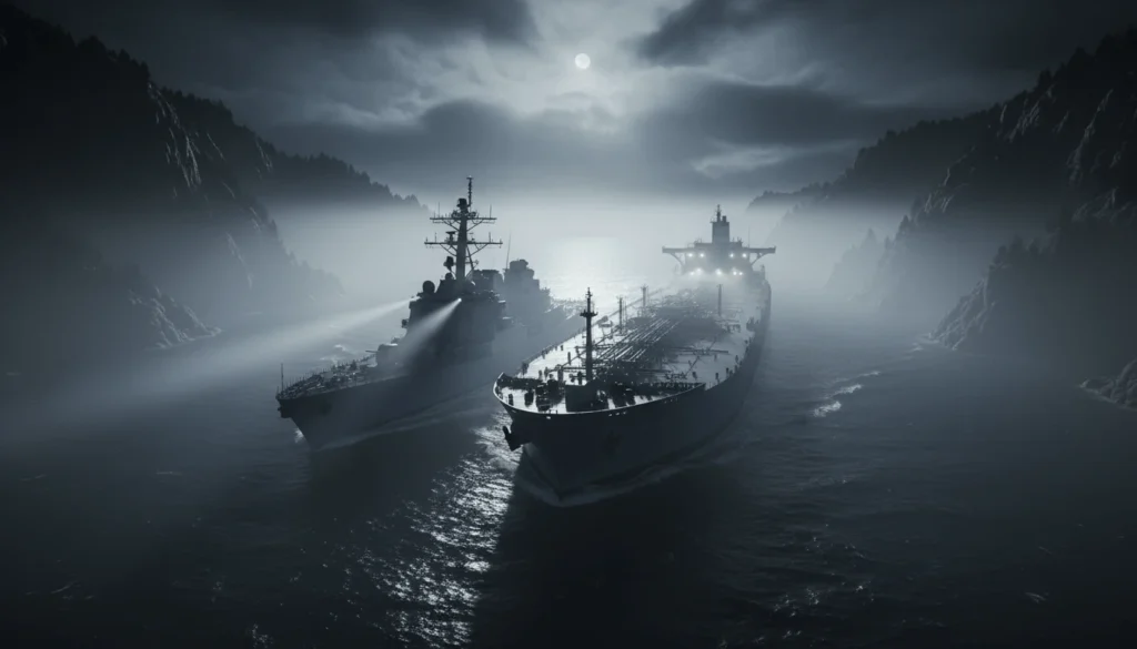 Military vessel escorting oil tanker through Strait of Hormuz representing geopolitical risk premium added to global crude oil prices