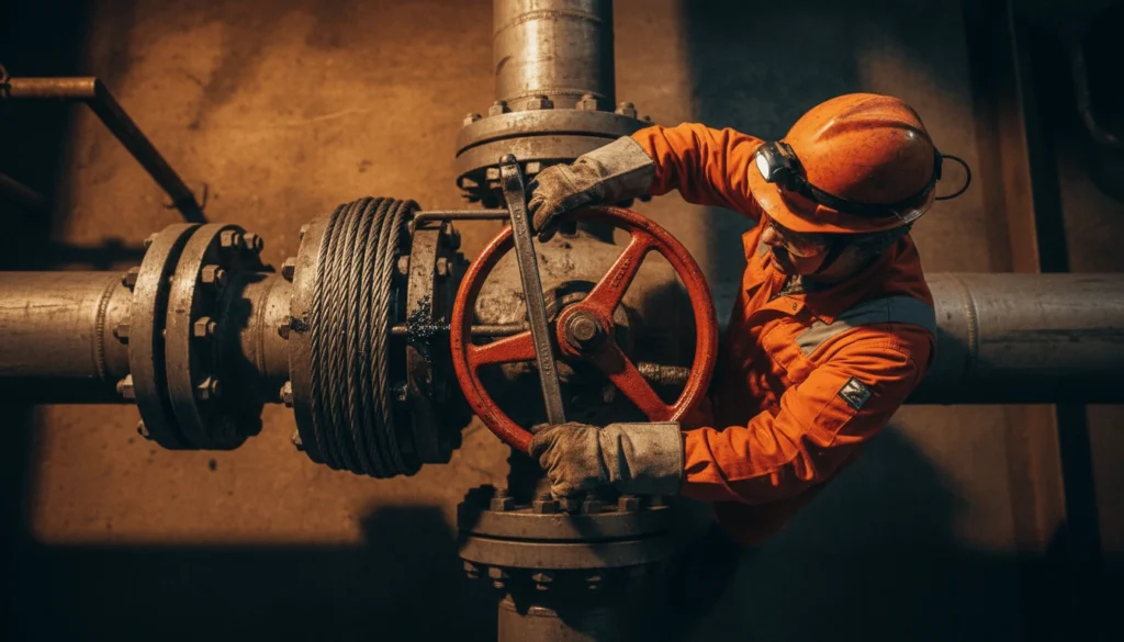 Oil pipeline valve being adjusted by worker representing OPEC production quota system controlling global crude oil supply