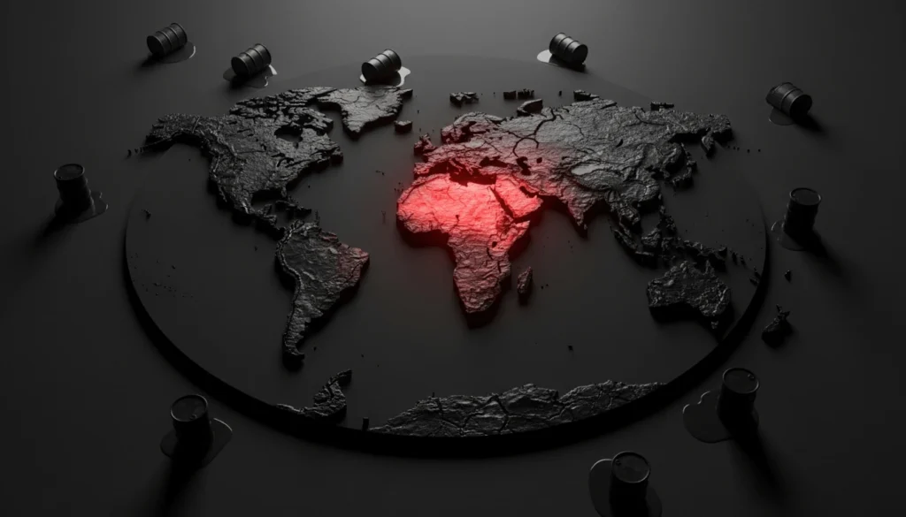 Cracked oil world map with red hotspot over Persian Gulf representing OPEC 2026 strategy response to Iran crisis and Strait of Hormuz disruption