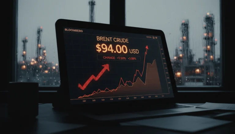 Digital oil trading screen showing Brent crude price spike to 94 dollars per barrel following Middle East crisis and EIA March 2026 emergency forecast revision