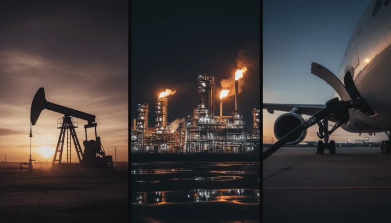 Three-stage journey from oil pumpjack to refinery to aircraft fueling showing how crude oil is transformed into jet fuel and diesel prices